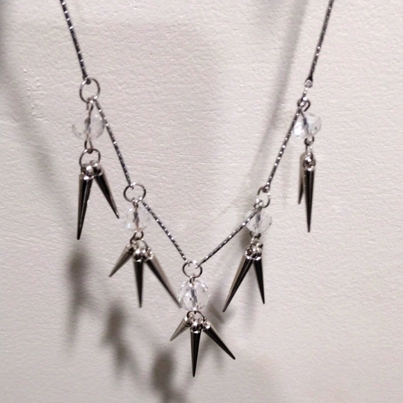 Polished Silver tone, Clear beads & Spikes Design Necklace, w/ Earrings, 22+2-in - Picture 1 of 5